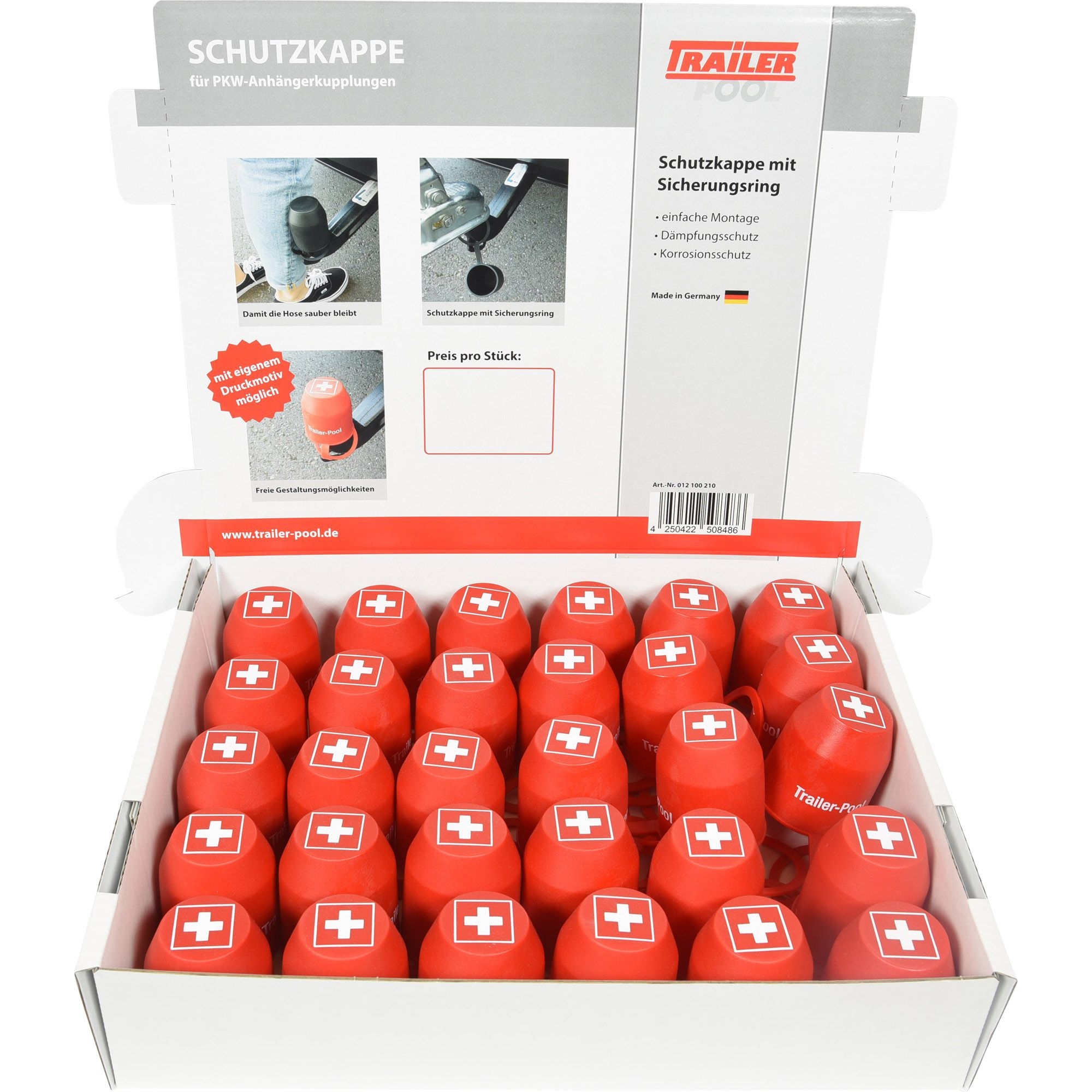 Schutzkappen-Thekendisplay, Inhalt 30 x rot mit Aufdruck CH