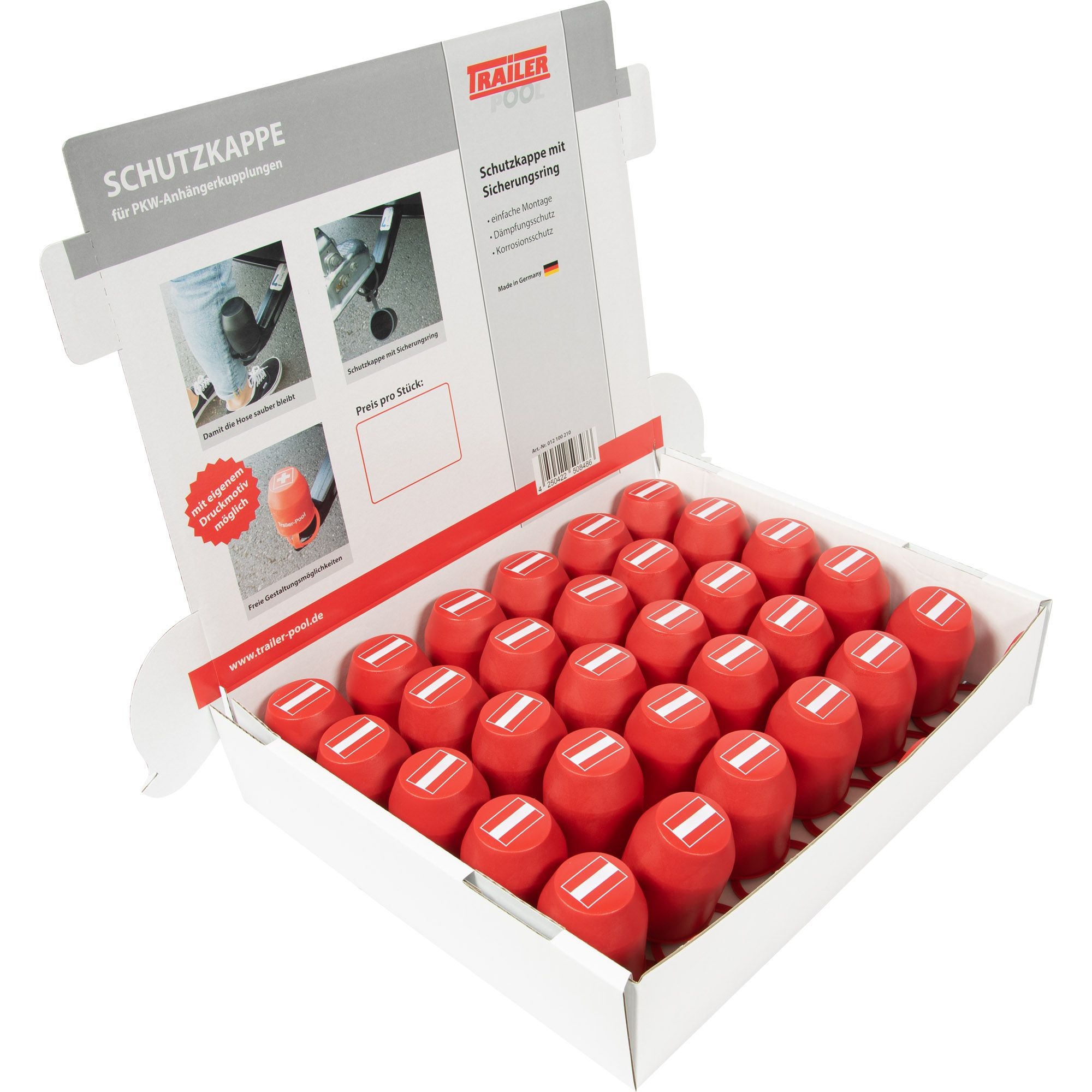 Schutzkappen-Thekendisplay, Inhalt 30 x rot mit Aufdruck AT